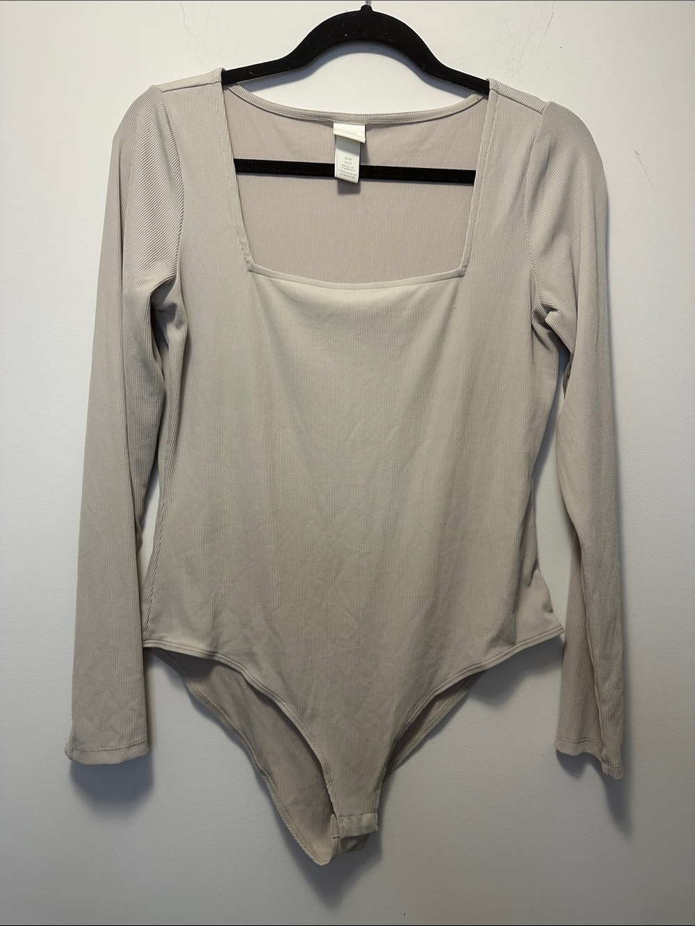 H&M Long-Sleeve Square-Neck Ribbed Bodysuit in Light Taupe